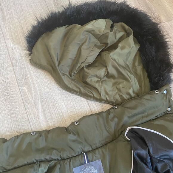 Vince Camuto Olive Green Down Puffer Coat with Faux Fur Trim Removable Hood - Picture 14 of 15